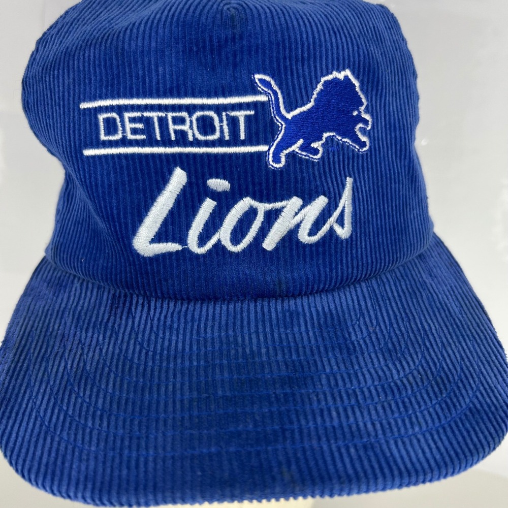 Vintage 90s Detroit Lions Annco Corduroy Snapback Hat Cap NFL Script Blue OSFA